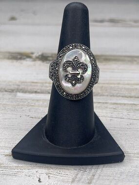 Dallas Prince Mother of Pearl Marcasite Fleur De Lis Statement Ring